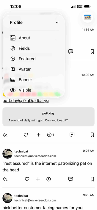 screenshot of menu with profile editing options including avatar and banner