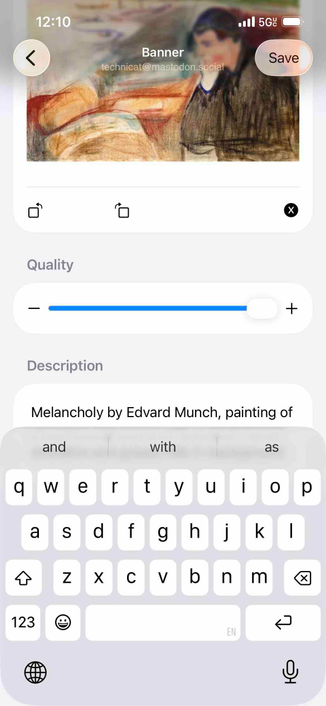 screenshot of banner editor with the painting melancholy by edvard munch displayed snd a quality slider and description text entry field