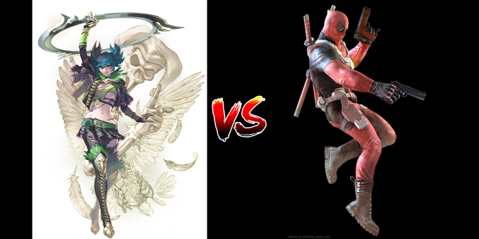 Two fighting videogame characters side by side: Tira from Unknown on the left and Deadpool from Marvel Vs. Capcom 3 on the right.