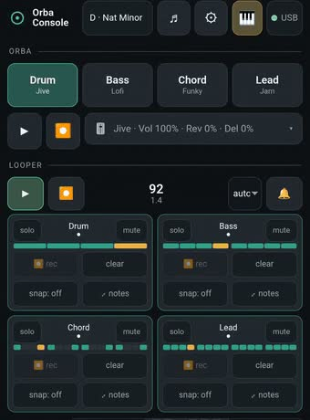 Screen recording of a browser app running a four-track looper: playhead markers sweep across Drum, Bass, Chord, and Lead at different loop lengths.