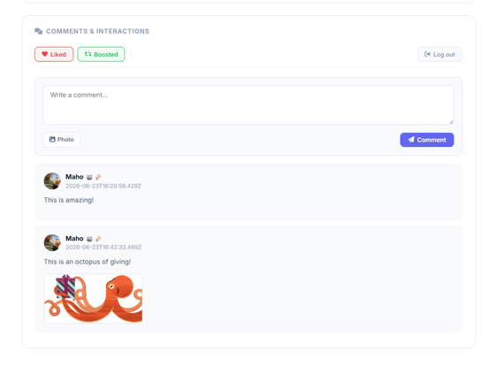 A screenshot of comments and interactions with an octopus image