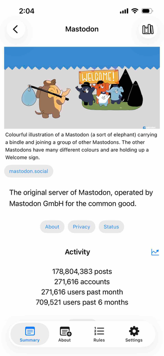screenshot of mastodon.social instance description with alt text under the header graphic 

Detected text:

Colourful illustration of a Mastodon (a sort of elephant) carryinga bindle and joining a group of other Mastodons. The otherMastodons have many different colours and are holding up