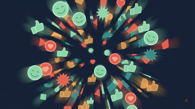 Abstract digital art on a dark navy background showing a radial burst of colorful geometric shapes and particles in mint green, coral red, amber, and teal. Scattered sticker-like elements suggest emoji reactions and expressive digital culture. Federated Mind brain logo watermark in the bottom right corner.