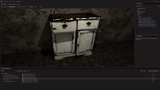 The Eresh Engine editor running in a browser: a 3D scene lit with PBR materials, the user moving and rotating objects. Dark warm UI with violet accents.