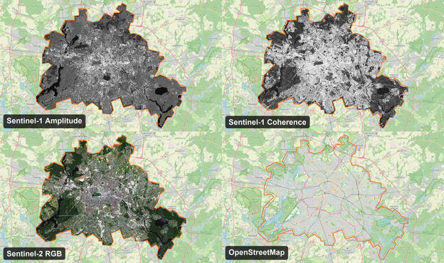 2x2 grid of images showing comparing SAR amplitude, InSAR coherence, S2 RGB and Open Street Map layers 