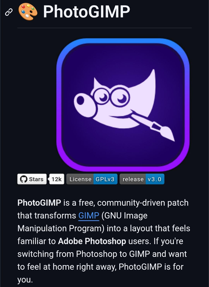 Screenshot of the PhotoGIMP project page. A large purple icon featuring the GIMP mascot is displayed at the center. Below it are badges showing GitHub stars, GPLv3 license, and version 3.0 release information. The description explains that PhotoGIMP is a free, community-driven patch that transforms GIMP's interface, layout, and workflow to feel more familiar to Adobe Photoshop users, helping make the transition from Photoshop to GIMP easier.