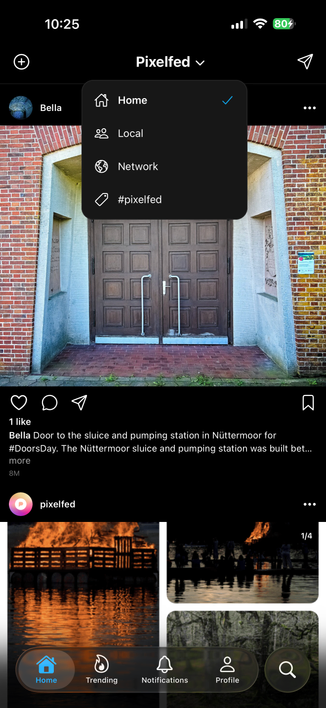 New Pixelfed mobile app home feed in dark mode