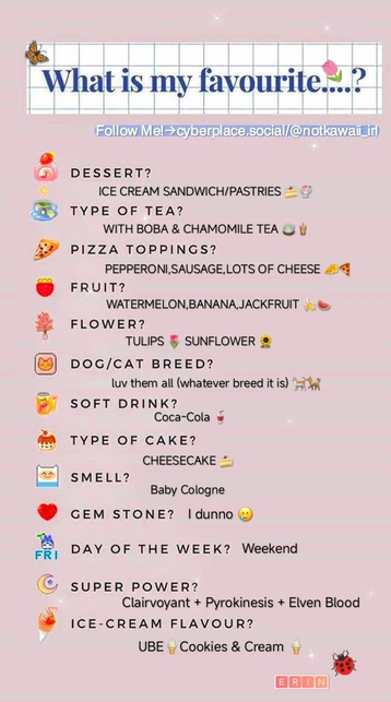 An image titled "What is my favourite...?" features a pink-and-white grid background decorated with small emojis like butterflies, stars, and ladybugs. It lists several favorite categories with handwritten-style text answers provided below each category.Dessert?: Ice cream sandwich/pastriesType of tea?: With boba & chamomile teaPizza toppings?: Pepperoni, sausage, lots of cheeseFruit?: Watermelon, banana, jackfruitFlower?: Tulips, sunflowerDog/cat breed?: Luv them all (whatever breed it is)Soft drink?: Coca-ColaType of cake?: CheesecakeSmell?: Baby CologneGem stone?: I dunnoDay of the week?: WeekendSuper power?: Clairvoyant + Pyrokinesis + Elven BloodIce-cream flavour?: Ube, Cookies & CreamThe top includes social media handle details: "Follow Me! \(\rightarrow \) cyberplace.social/@notkawaii_irl", and the bottom right corner features pink block letters spelling out the name "ERIN".