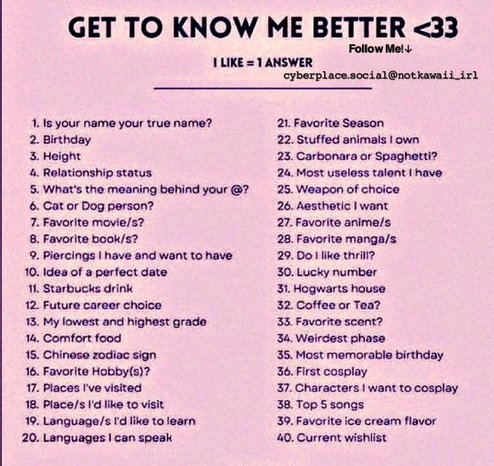 This image is a "Get To Know Me Better" questionnaire featuring 40 numbered personal questions, such as "Relationship status," "Favorite movie/s," and "Weapon of choice".
The questions cover a wide range of personal topics, including hobbies, preferences, and biographical information.