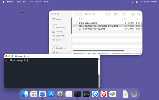 Demo showing how a command replaces the binaries of Signal, Brave, and Slack