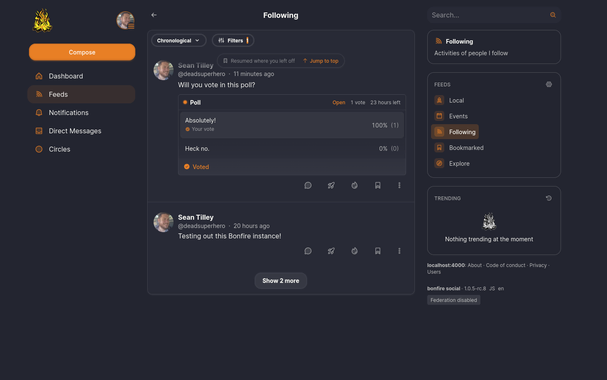 A screenshot of the Bonfire Social UI running in darkmode in a sandboxed local environment.