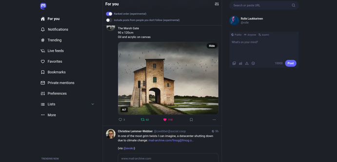 A screenshot of For You feed in Mastodon