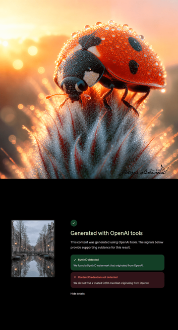 A stitch together photo of an AI generate ladybird on top and below it then open AI synth ID check of a canal in Amsterdam