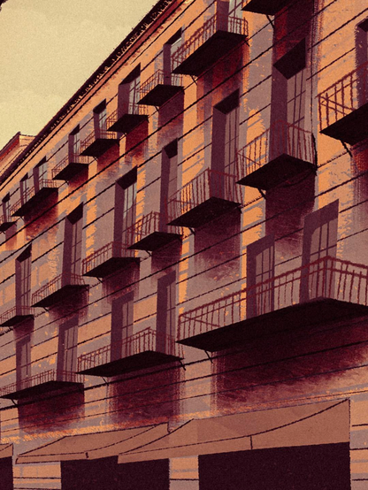 Work in progress illustration of a building facade in Palermo with a lot of wrought iron balconies.