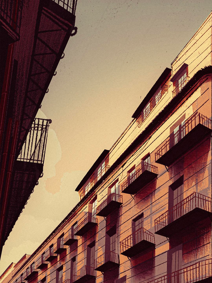 Work in progress illustration of a building facade in Palermo with a lot of wrought iron balconies.