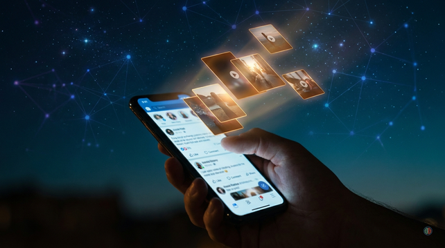 A hand holding a smartphone displaying a social media feed, with glowing photo thumbnails lifting off the screen and floating into a starfield. Warm amber frames and teal highlights against a dark blue background.