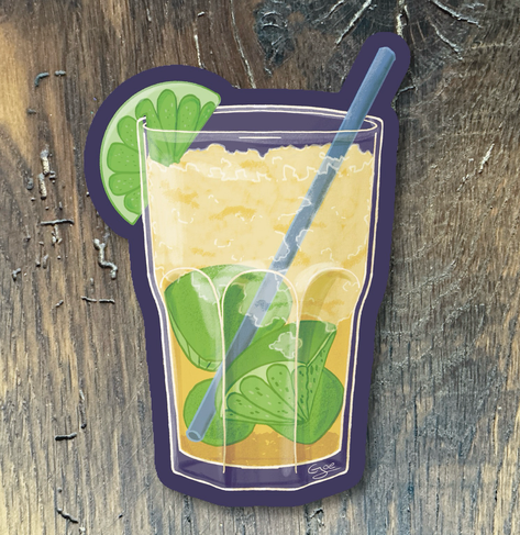 A drawing of the infamous Tschunk drink. We have all the staples of a good Tschunk present, cane sugar, lime wedges, crushed ice and mate with rum, the last two are hard to depict alone so it’s just the golden color of the mate. It’s garnished with a lime slice and has a straw (let’s just say it’s one of those compostable ones but NOT paper, fuck paper straws! I’ve seen Italian places use noodles for straws, now that’s innovation!) the backdrop for the sticker is a deep purple. Have a lovely day and remember to drink something 🖤