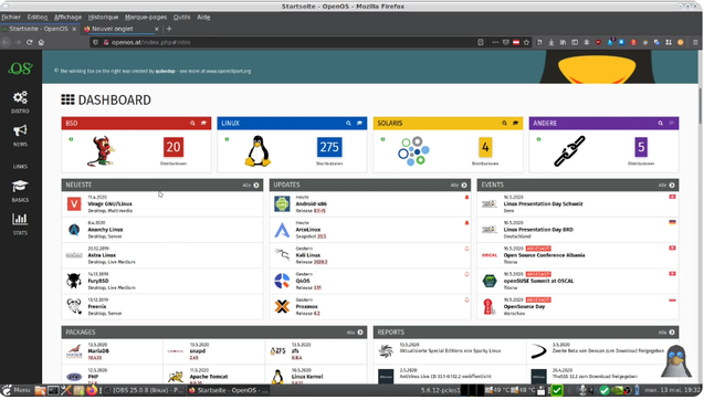 Dashboard der ehemaligen Webseite OpenOS.at aus dem Jahr 2020. Zu sehen sind Übersichten zu BSD-, Linux-, Solaris- und anderen Betriebssystemen mit aktuellen Distributionen, Nachrichten, Updates und Veranstaltungen.