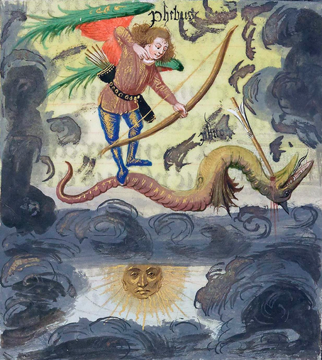 #Apollo and #Python. Ovide moralisé en prose, Bruges ca. 1470-1480. BnF, Français 137, fol. 8r.
#medieval #MedievalArt