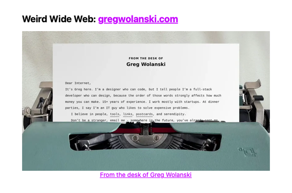 A screenshot of a section of the Astro newsletter showing Greg's website, captioned "Weird Wide Web"