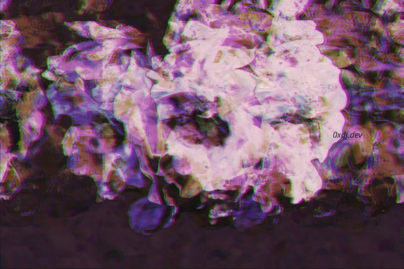 A colourful picture of a distorted, databent photography of a white rose. Dominant colours are pink, maroon and purple.