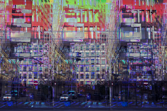 A databent, multiplied, glitched colour picture of a modernist city street picture, containing a residential and commercial building. It looks like the original photo was "echoed" horizontally, with additional colour "delays" and glitches, leaving a poster-like picture.