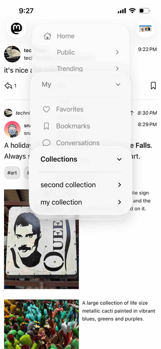 screenshot of timeline menu with a collections submenu listing names of collections
