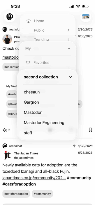 one of the collections selected revealing a submenu listing accounts in the collection including that of mastodon engineering