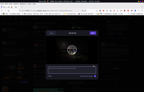 The alt text editing box, the image preview is mostly faded out except for the focus circle that you can set for the post. Can't see shit to remember the details of the picture as I'm trying to write alt text.