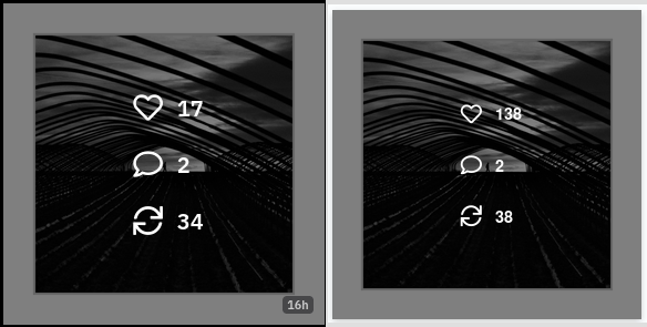 Two screenshots of a black an white photo with likes, comments and reblogs stats on them. Taken from two different pixelfed servers.