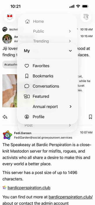 screenshot of a home feed with a menu showing ither feeds and a My submenu open including a Featured option