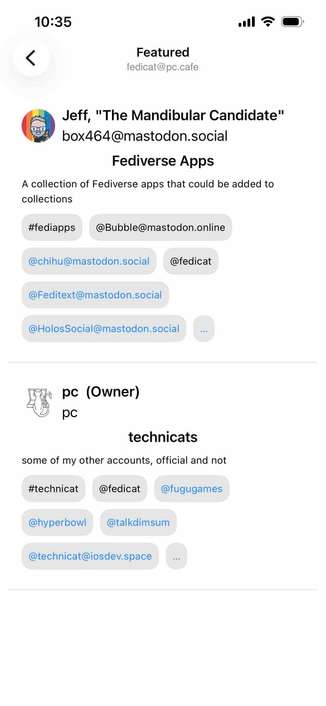 screenshot of a Featured list two account collections displayed like groups of mentions with avatar and name of the owners above each collection