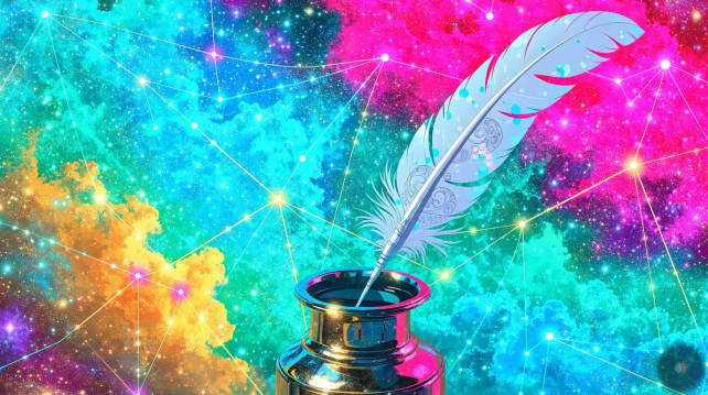An antique quill and inkwell against a vibrant multicolor cosmic backdrop, with constellation lines connecting points of light across a deep starfield. Magenta, cyan, violet, and amber tones.
