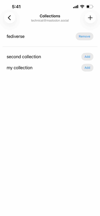 the collections screen now also listing a fediverse collection with a remove button next to it