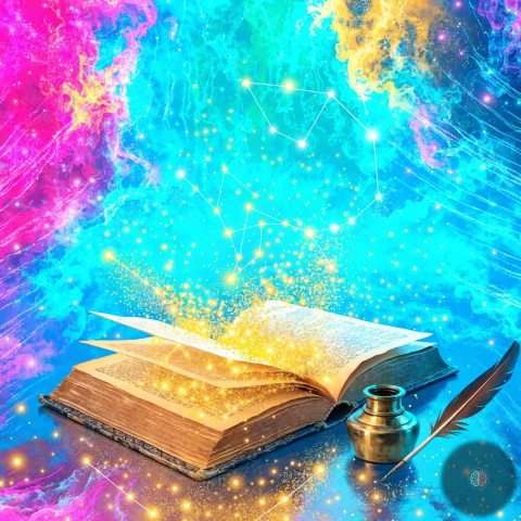 An antique book, quill and inkwell against a vibrant multicolor cosmic backdrop, with constellation lines connecting points of light across a deep starfield. Magenta, cyan, violet, and amber tones.