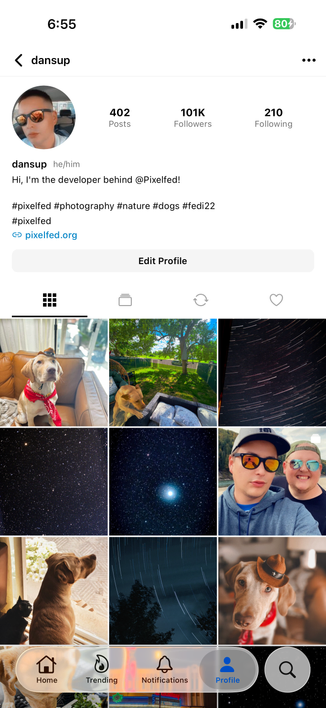 New pixelfed mobile app profile screen