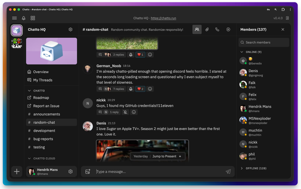 Capture d'écran d'une annonce indiquant que **Chatto**, une application de chat, est désormais open source et disponible en auto-hébergement, publiée le 8 juillet 2026.