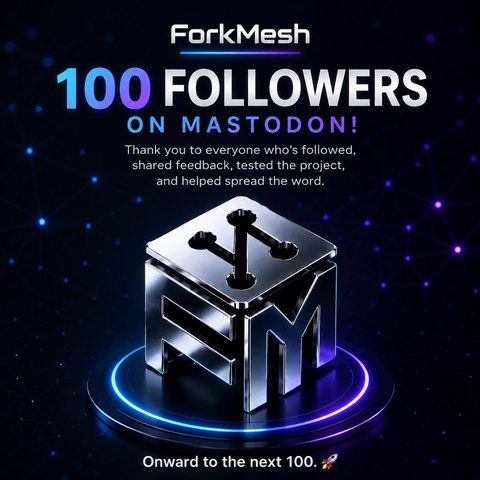 Celebration graphic for ForkMesh reaching 100 followers on Mastodon. Against a dark blue and purple network-themed background, large text reads “100 Followers on Mastodon!” with the ForkMesh logo above it. Below, a thank-you message expresses appreciation to everyone who has followed, shared feedback, tested the project, and helped spread the word. A large metallic 3D ForkMesh cube logo sits on a glowing blue and purple circular platform in the center. At the bottom, the graphic reads, “Onward to the next 100. 🚀”