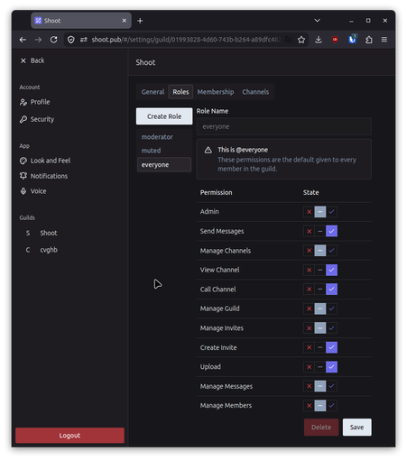 The role editor in Shoot. There are 3 roles shown, "moderator", "muted", and finally "everyone" which is selected. The editor shows the default permissions given to everyone which include: send messages, view channel, call channel, create invite, and upload permissions.