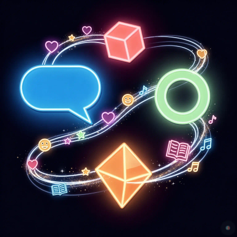Four glowing neon shapes, a speech bubble, cube, ring, and diamond, linked by a flowing particle trail carrying emojis, musical notes and open books, against a dark  background.