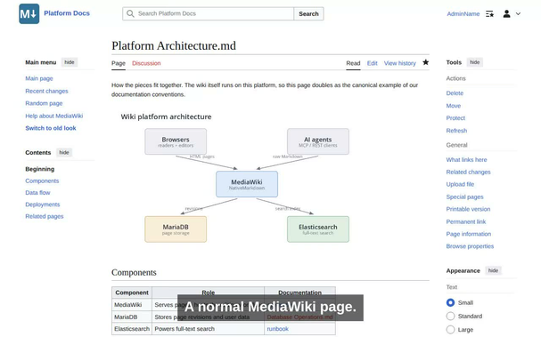 Demo video for the NativeMarkdown extension showing a rendered MediaWiki page and then editing the page via Markdown source