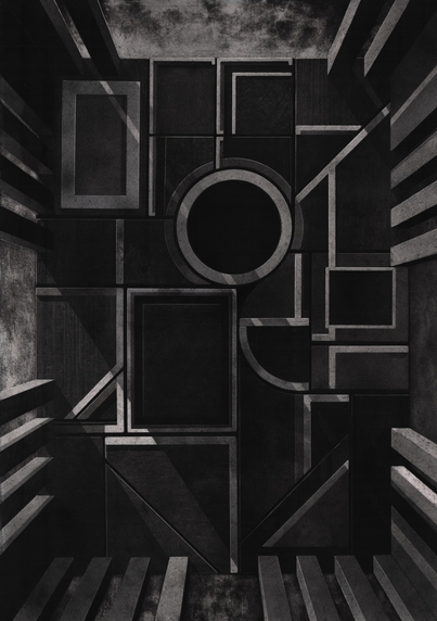 A high-contrast black and white scratchboard drawing featuring complex, textured geometric patterns. The composition is a dark, abstract puzzle of interlocking rectangles, triangles, and a central circle, framed by brutalist, staircase-like architectural structures on the sides, with a dramatic play of light and deep shadows