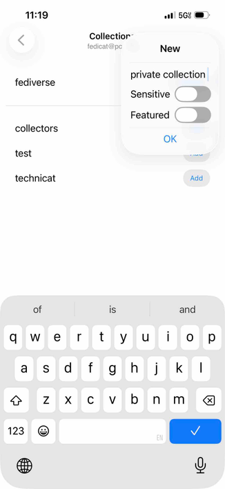 screenshot of an add remove ti collection view for an account with a new collection popup and toggles fir sensitive and featured