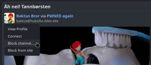 A Hubzilla post showing the avatar menu