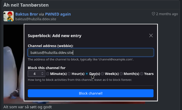 A dialog for blocking a channel using the Superblock addon in Hubzilla