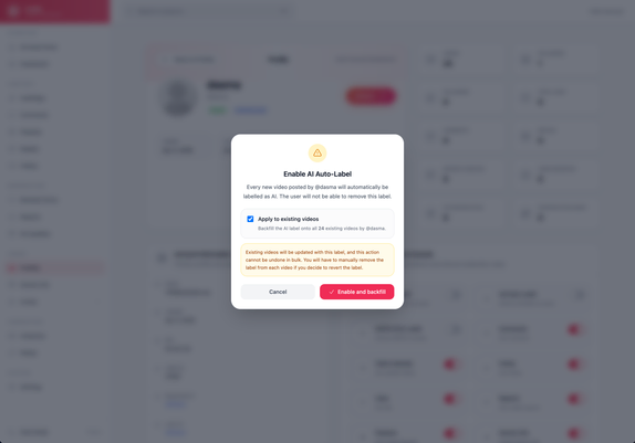 Loops Admin Dashboard Profile page, showing the Enable AI Auto-Label modal