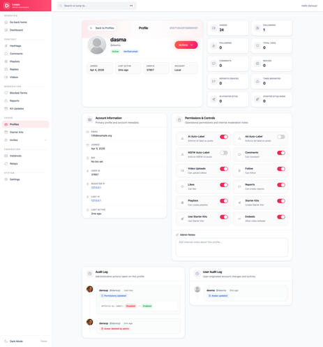 Loops Admin Dashboard Profile page