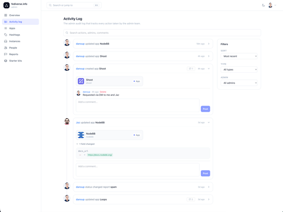 Fediverse.info admin dashboard activity log