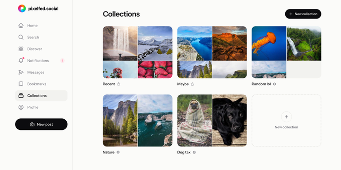 A preview of the new Pixelfed webUI collections page
