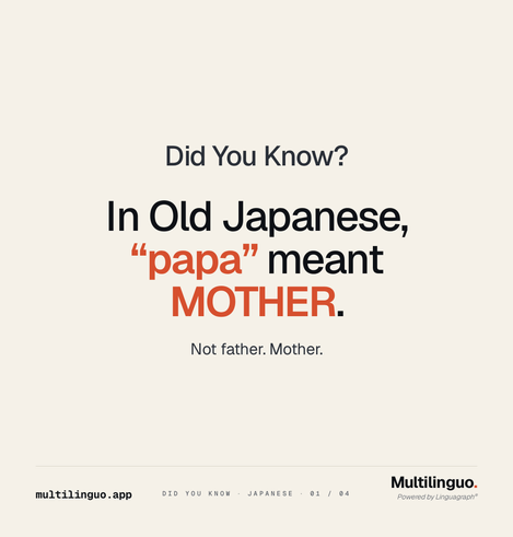 Did You Know Japanese, slide 1 of 4. Hook: In Old Japanese, "papa" meant MOTHER. Sub-line: Not father. Mother.